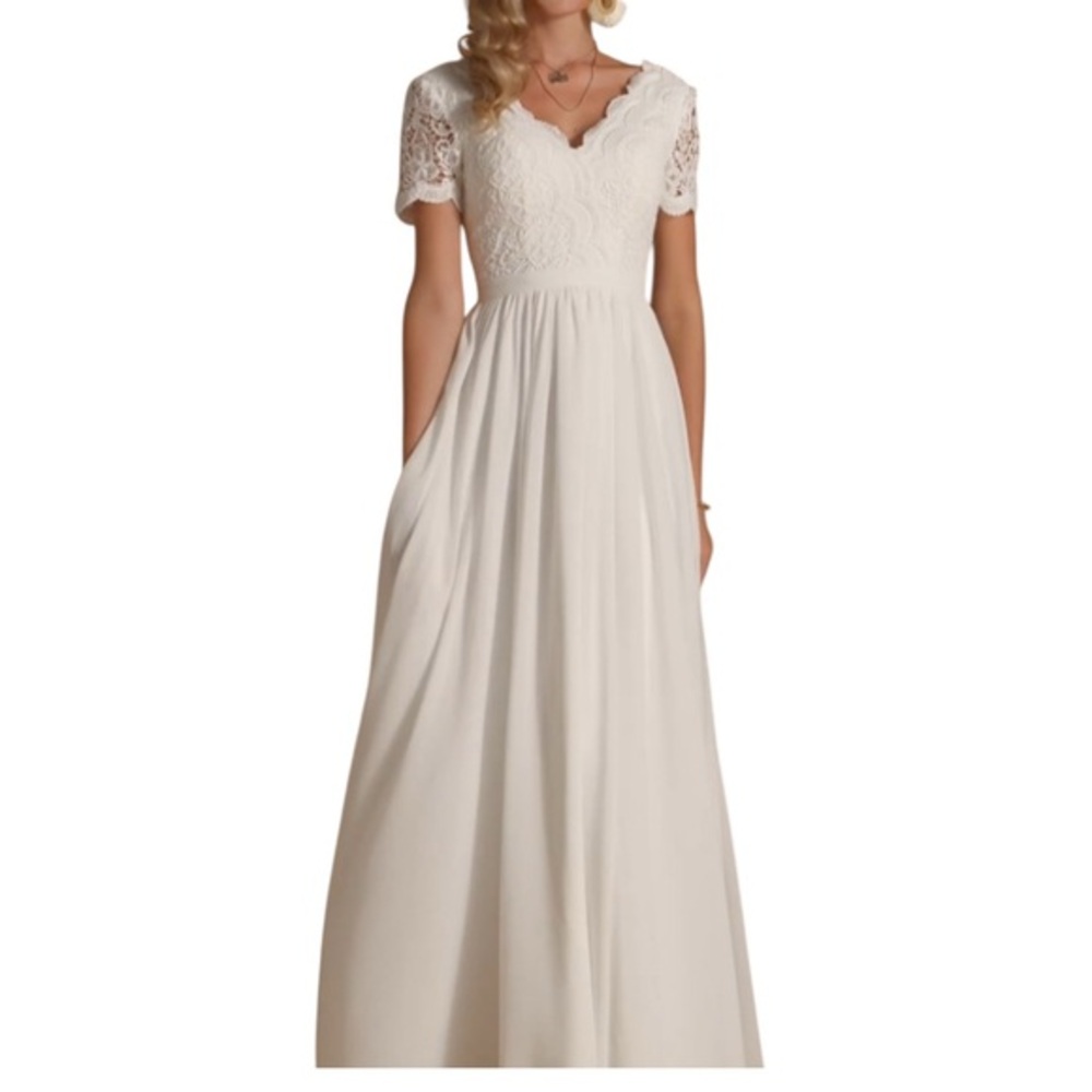 A-line V-Neck Floor-Length Lace Chiffon Wedding Dress